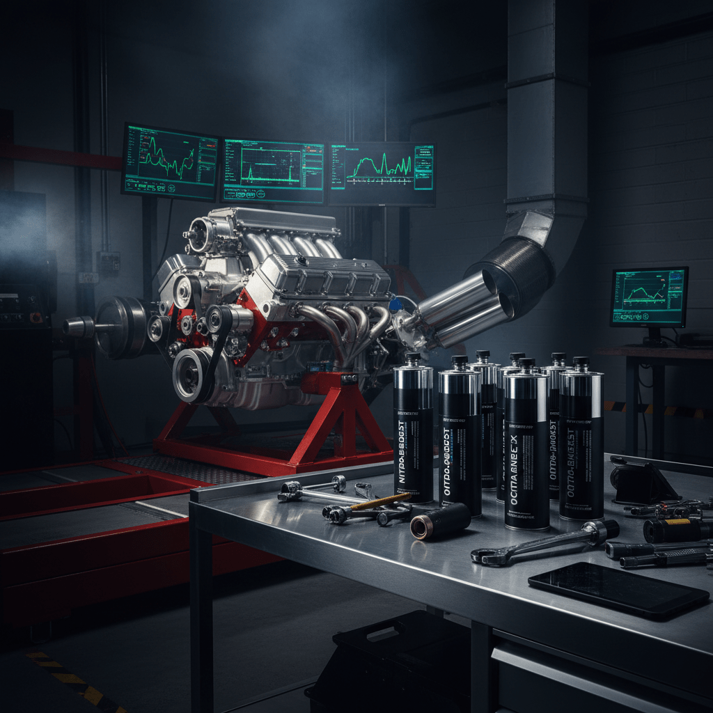 Industrial octane booster canisters on a workbench in a dyno tuning bay.