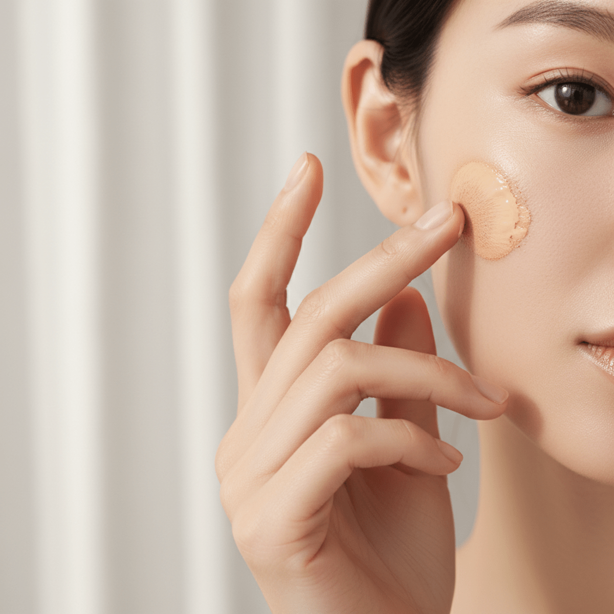 Hand applying Korean foundation makeup that transforms from white cream to warm skin tones.