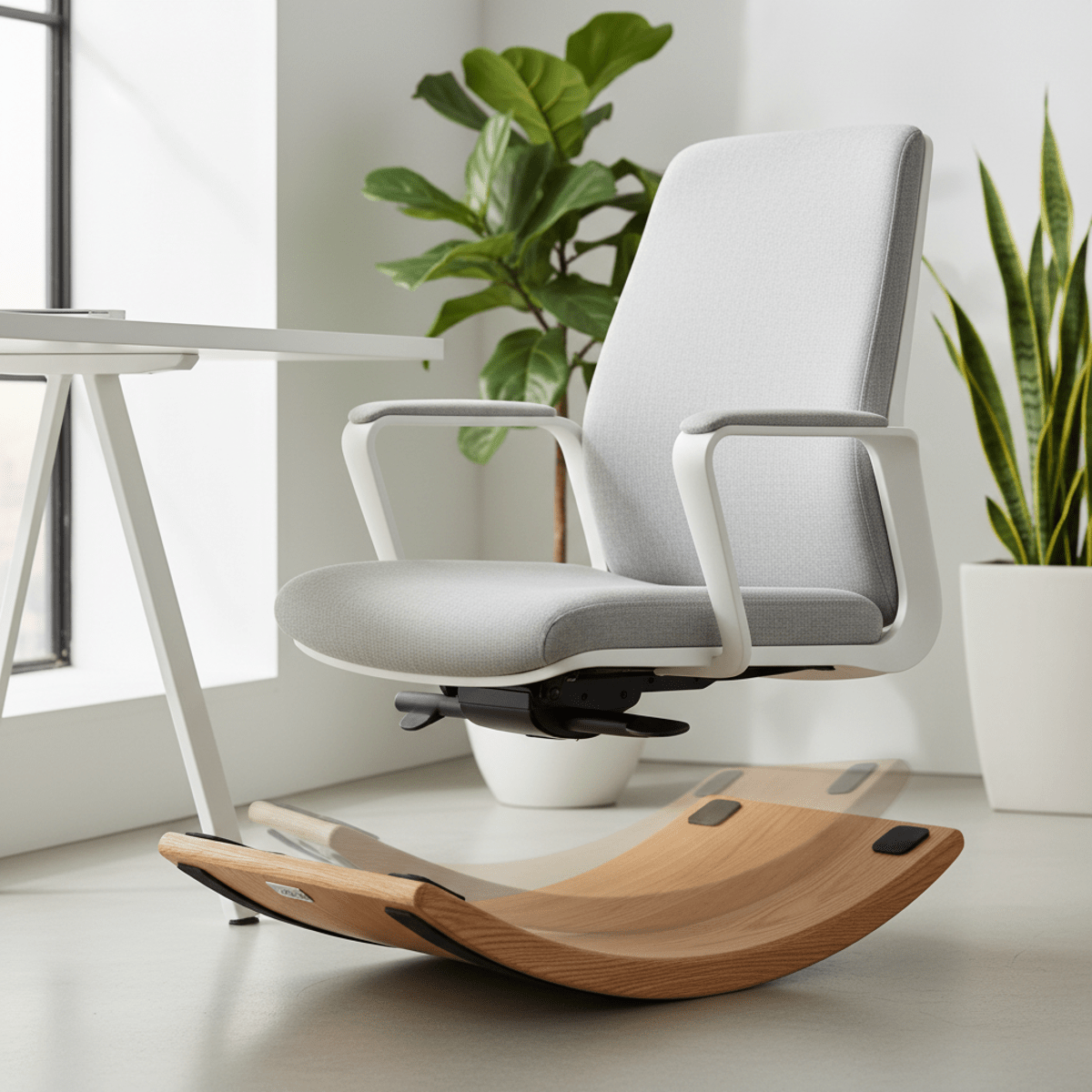 Dynamic solid wood under-desk rocker with a contemporary office chair in a sleek workspace.