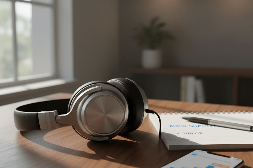 Photorealistic image of high-end headphones on a desk with notes and price chart, highlighting consumer skepticism toward upgrades