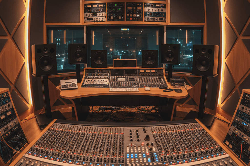 Wide shot of an advanced music studio control room with analog gear under warm ambient lighting, symbolizing diversified entertainment marketing approaches