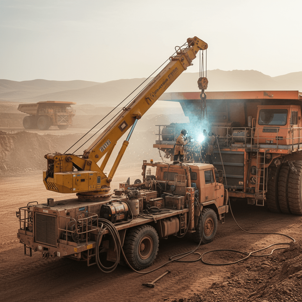 Heavy-duty repair rig and crane work on a colossal mining truck.
