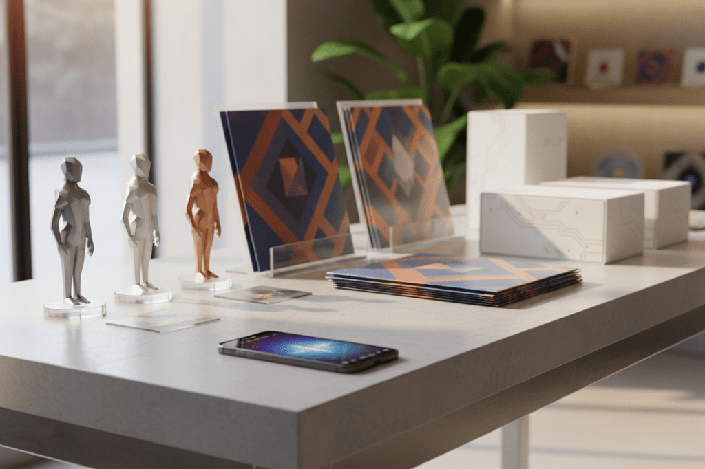 Medium shot of stylish collectibles, vinyl, and AR packaging on a sunlit retail counter, no branding or identifiable characters visible