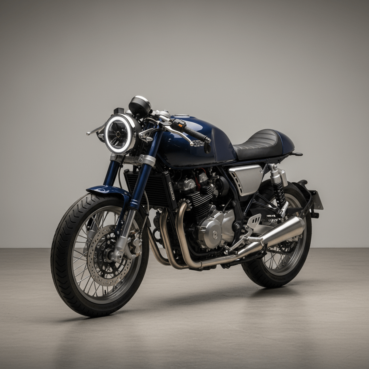 Neo-retro cafe racer with navy tank and vegan leather seat in a minimalist studio.