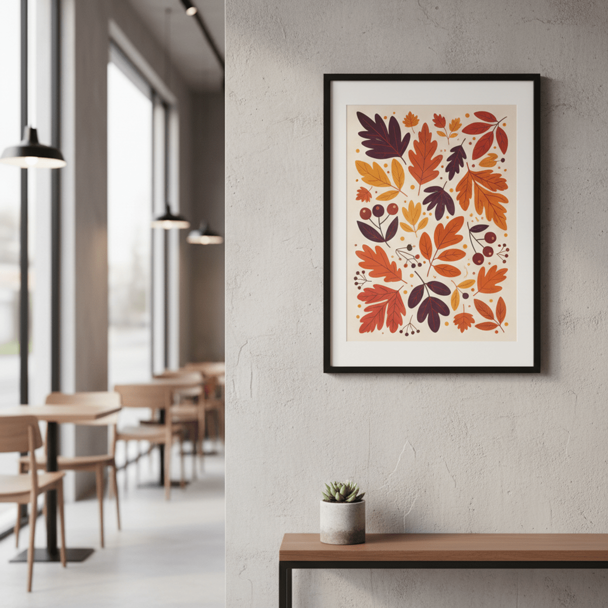 Magnetic poster frame in a contemporary cafe setting. Sleek matte black magnetic frame displaying art in a modern cafe.