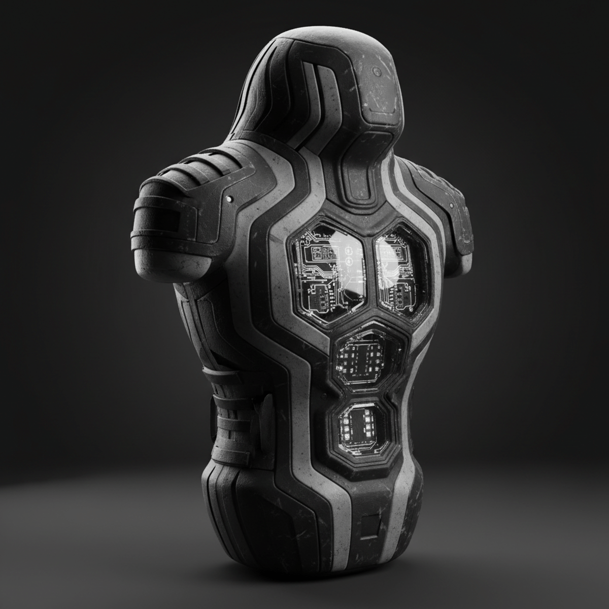 Advanced football tackle dummy with sensors and layered foam, studio lighting.