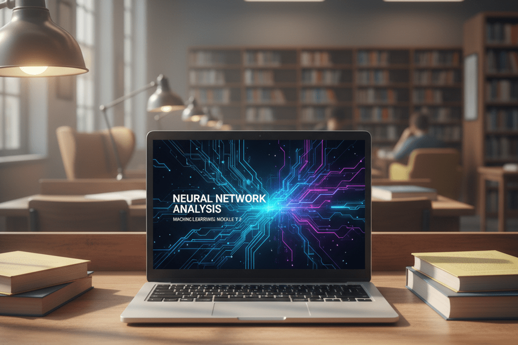 Modern educational laptop on a sunlit student desk Open silver laptop on wooden desk showing educational data under natural library lighting