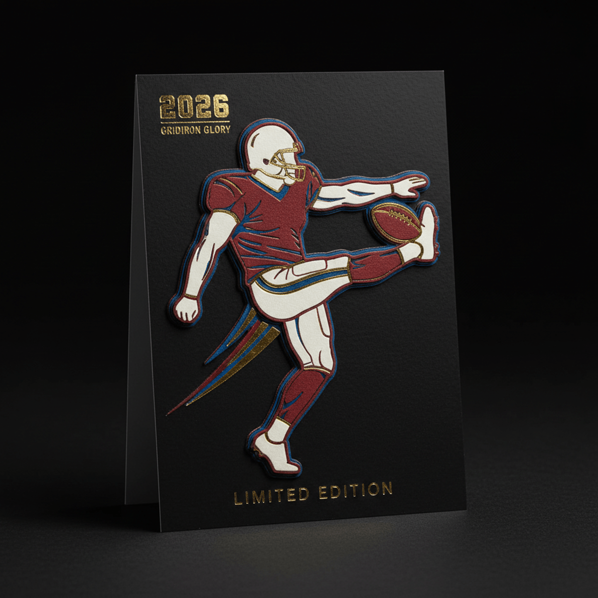 Layered football cards with die-cut player silhouette mid-kick, gold foil highlights.