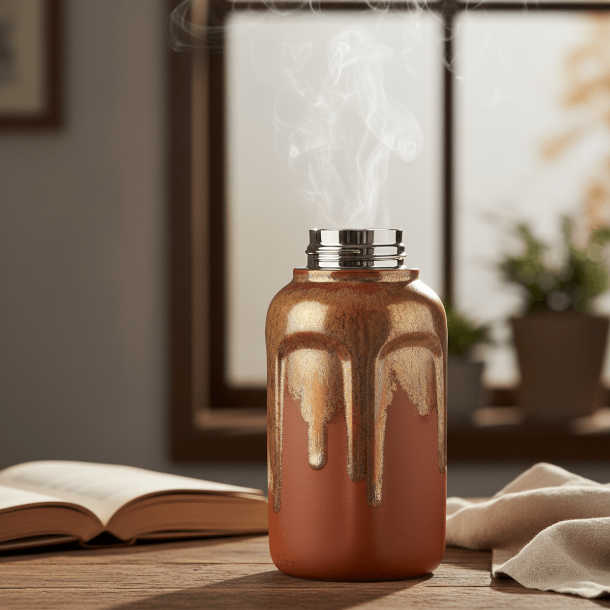 Premium terracotta ceramic tea bottle with metallic accents and infuser.
