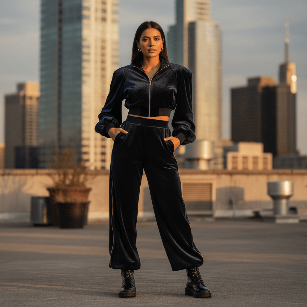 Fashion editorial of a plush velvet tracksuit ensemble with wide-leg pants and cropped jacket.