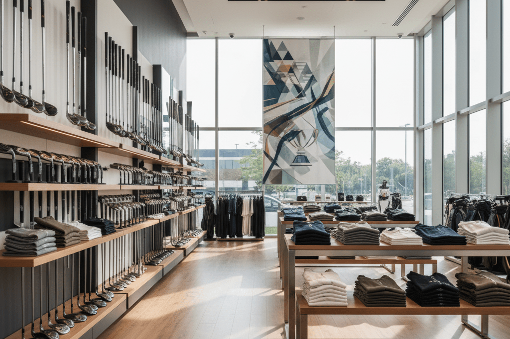 Wide shot of premium golf gear in a well-lit retail space, featuring clubs and apparel under natural light