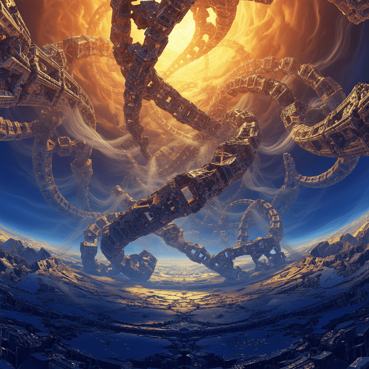 Surreal dreamscape with fractal patterns and geometric structures in an alien landscape.