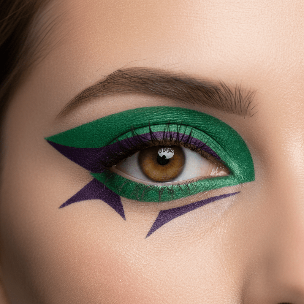 Bold geometric eyeliner with emerald green and violet wings on a model's eye.