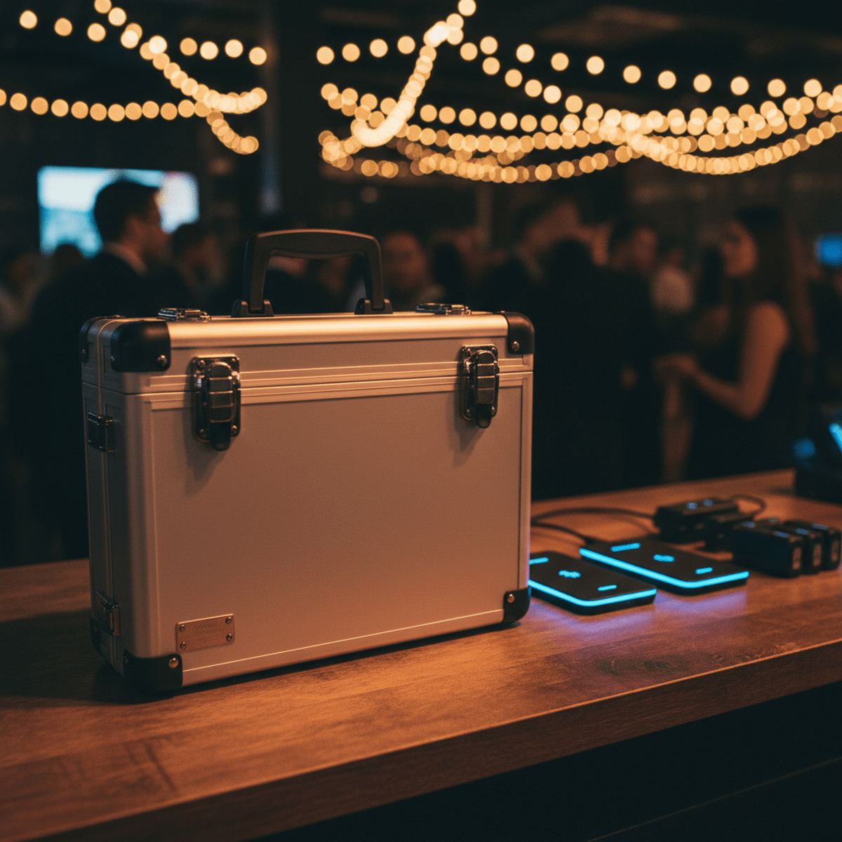 Minimalist aluminum box POS briefcase with tamper-evident seals on a wooden counter.