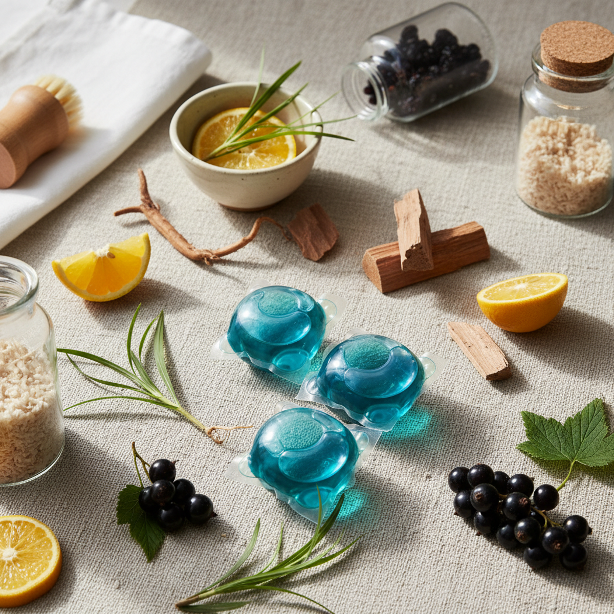 Flat lay of laundry pods with vetiver, bergamot, and cedarwood on linen.