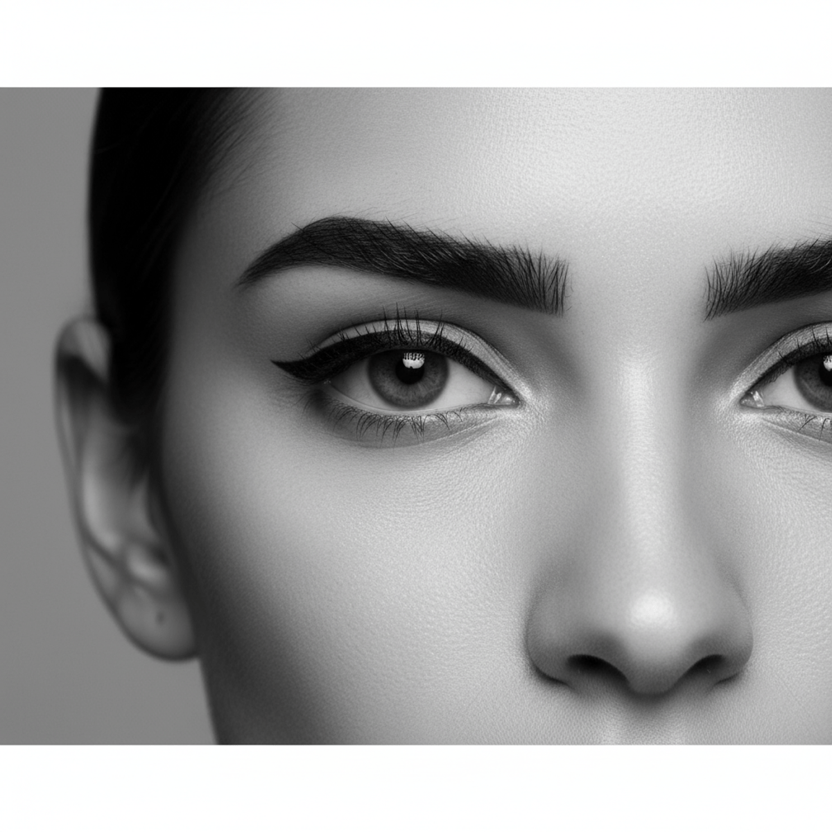 Model with a sharp, black unibrow on smooth skin, minimalist monochrome style.