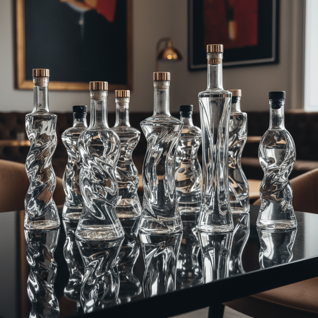 Luxurious sculptural glass bottles with twisted forms on a reflective black surface.