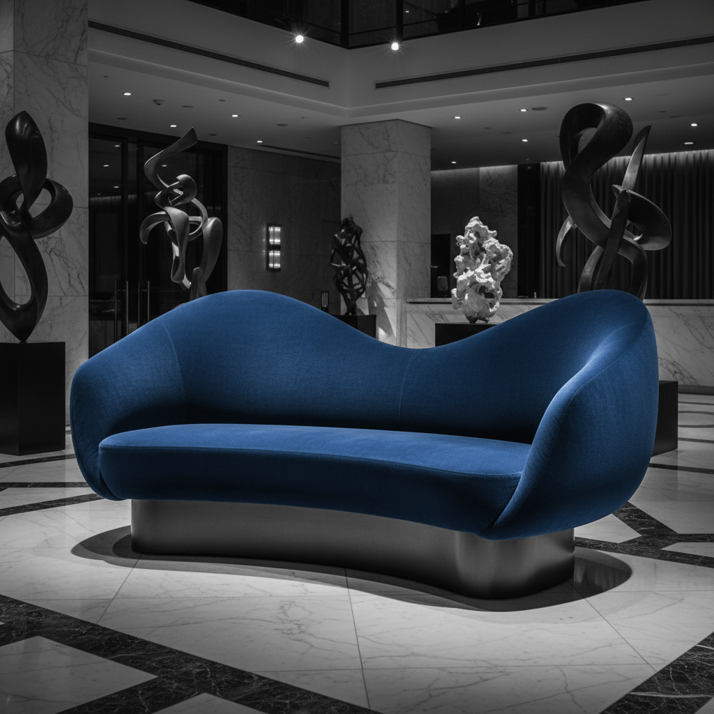 Luxurious sapphire velvet sofa with curved arms in a modern hotel lobby.