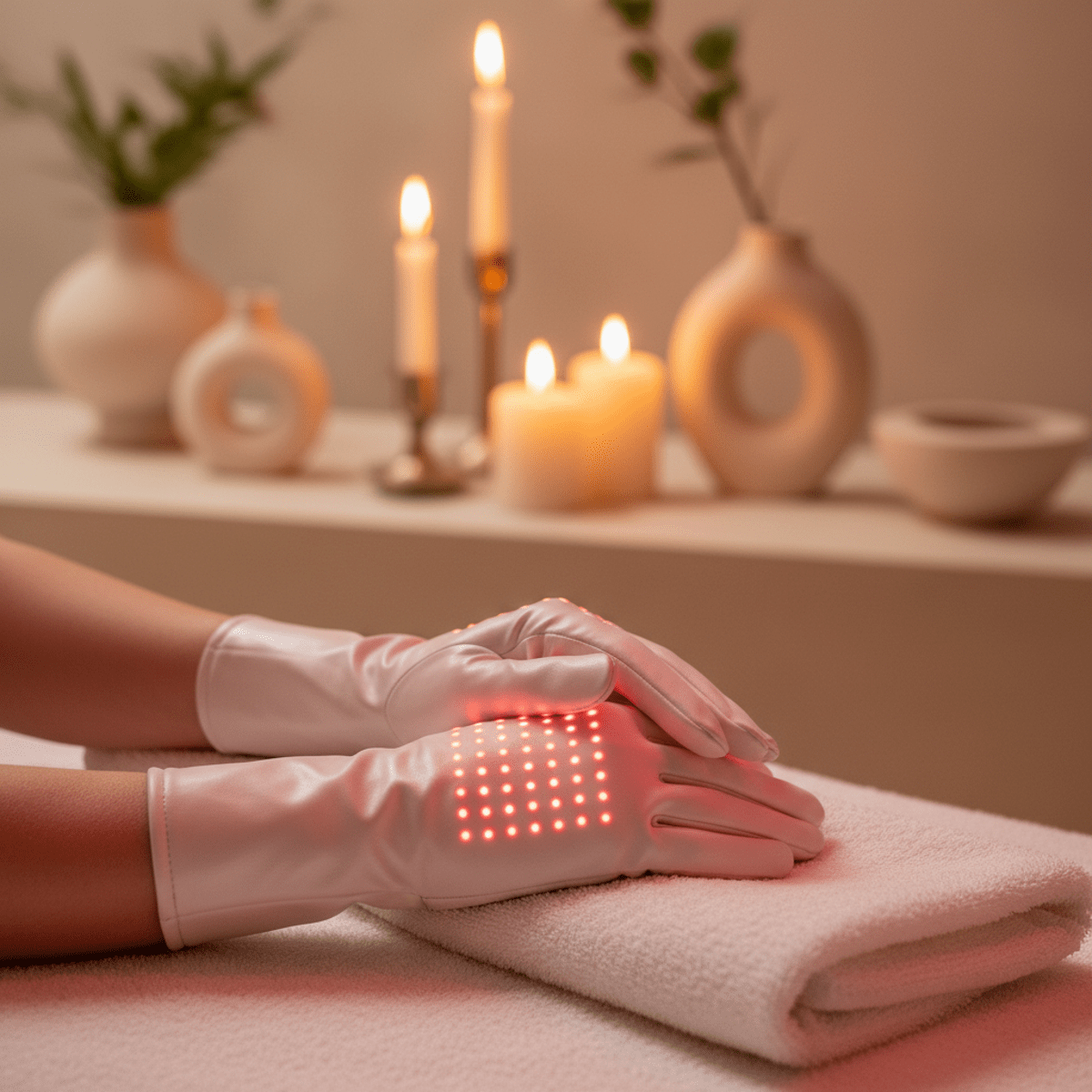 Hands with advanced microcurrent gloves glowing with red LED light in a spa.