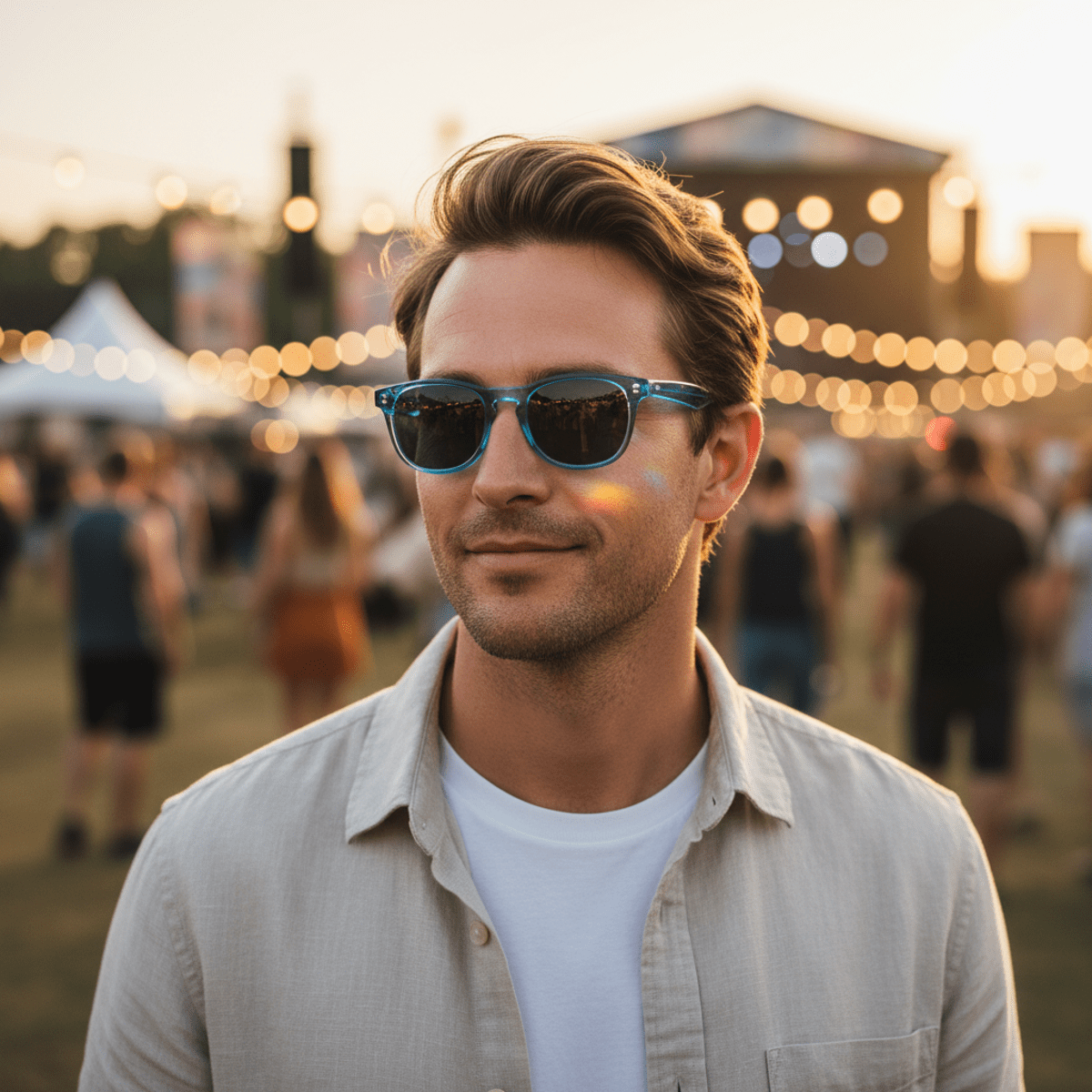 Man wearing transparent sapphire blue acetate sunglasses at a summer festival.