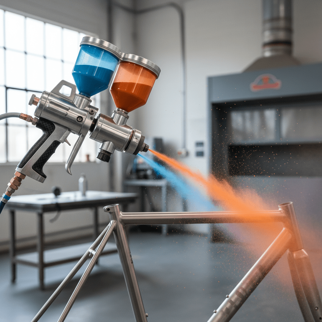 Advanced powder coating gun creates a seamless ombre gradient on a bicycle frame.