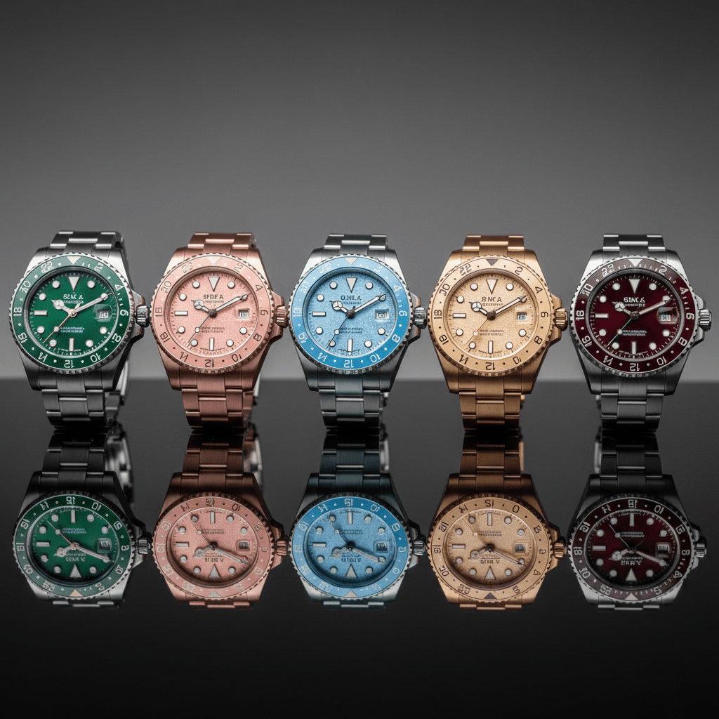 Assorted GMT watches with vibrant rotating bezels displayed on a reflective black surface.