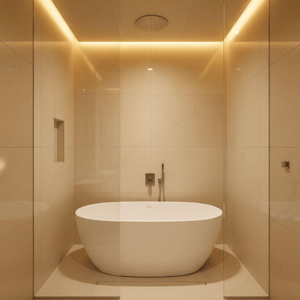 Compact wet room with seamless glass, porcelain tile, and rainfall shower.