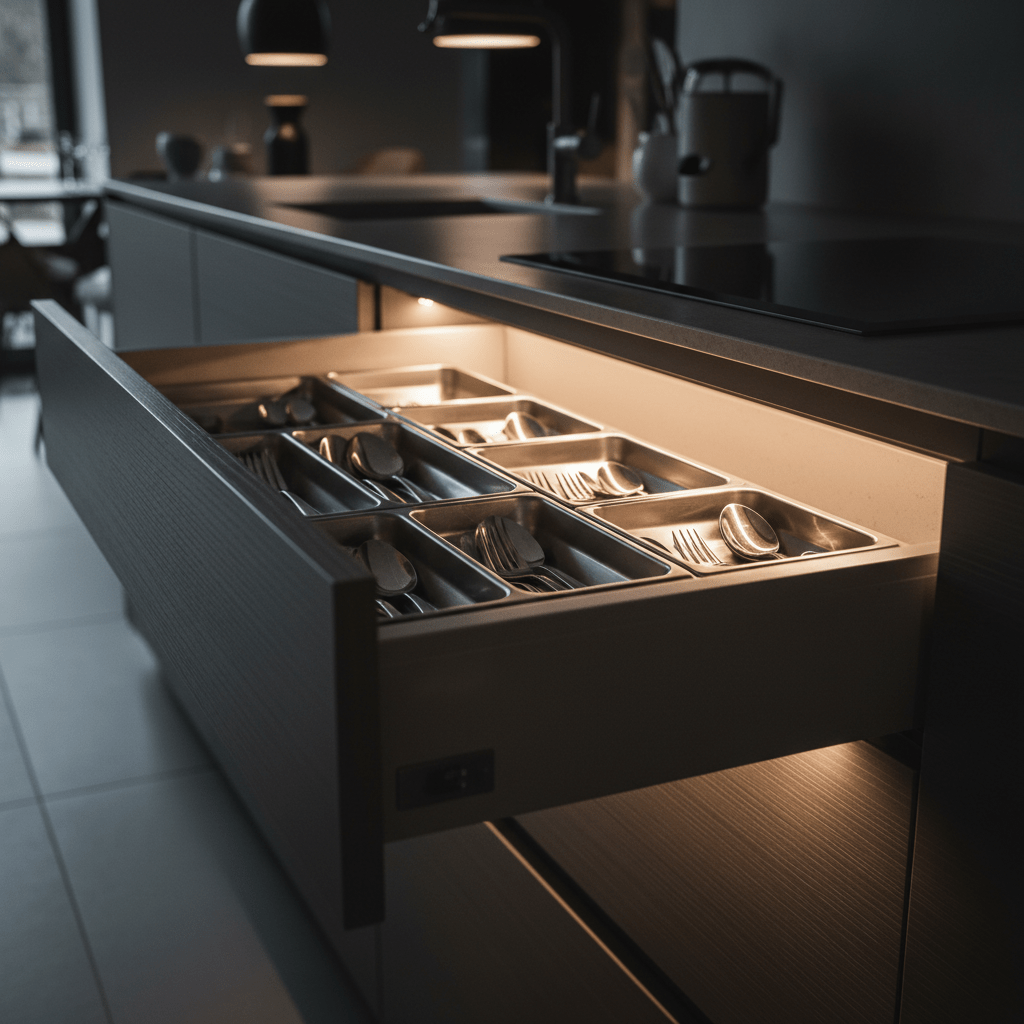 Sleek modern kitchen drawer with motion-activated LED lights illuminating cutlery.
