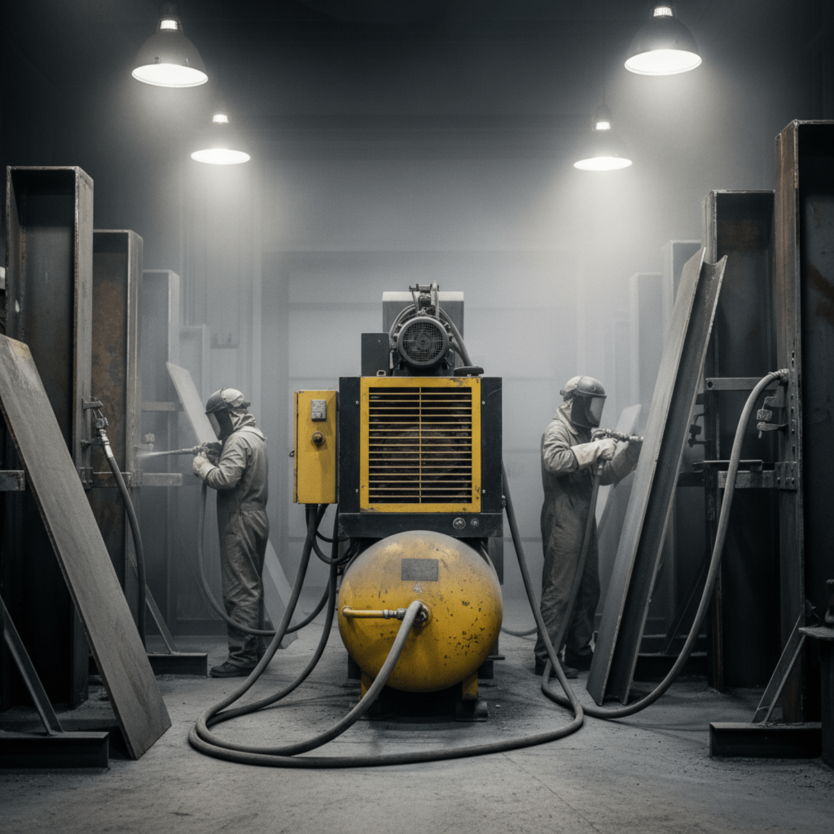 Workers sandblast structural steel with a large compressor in a dusty industrial bay.