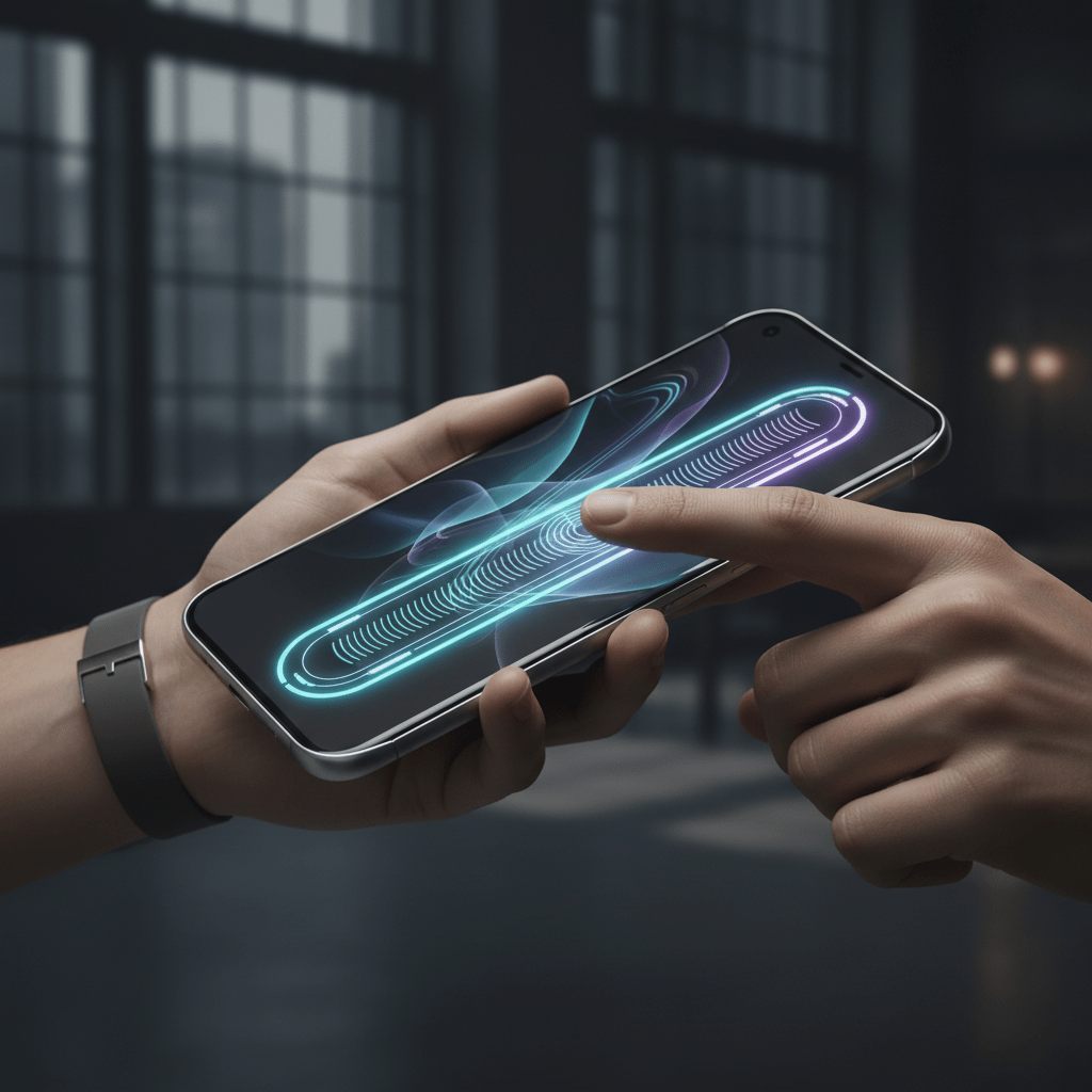 User hand controlling futuristic phone with illuminated haptic rails.