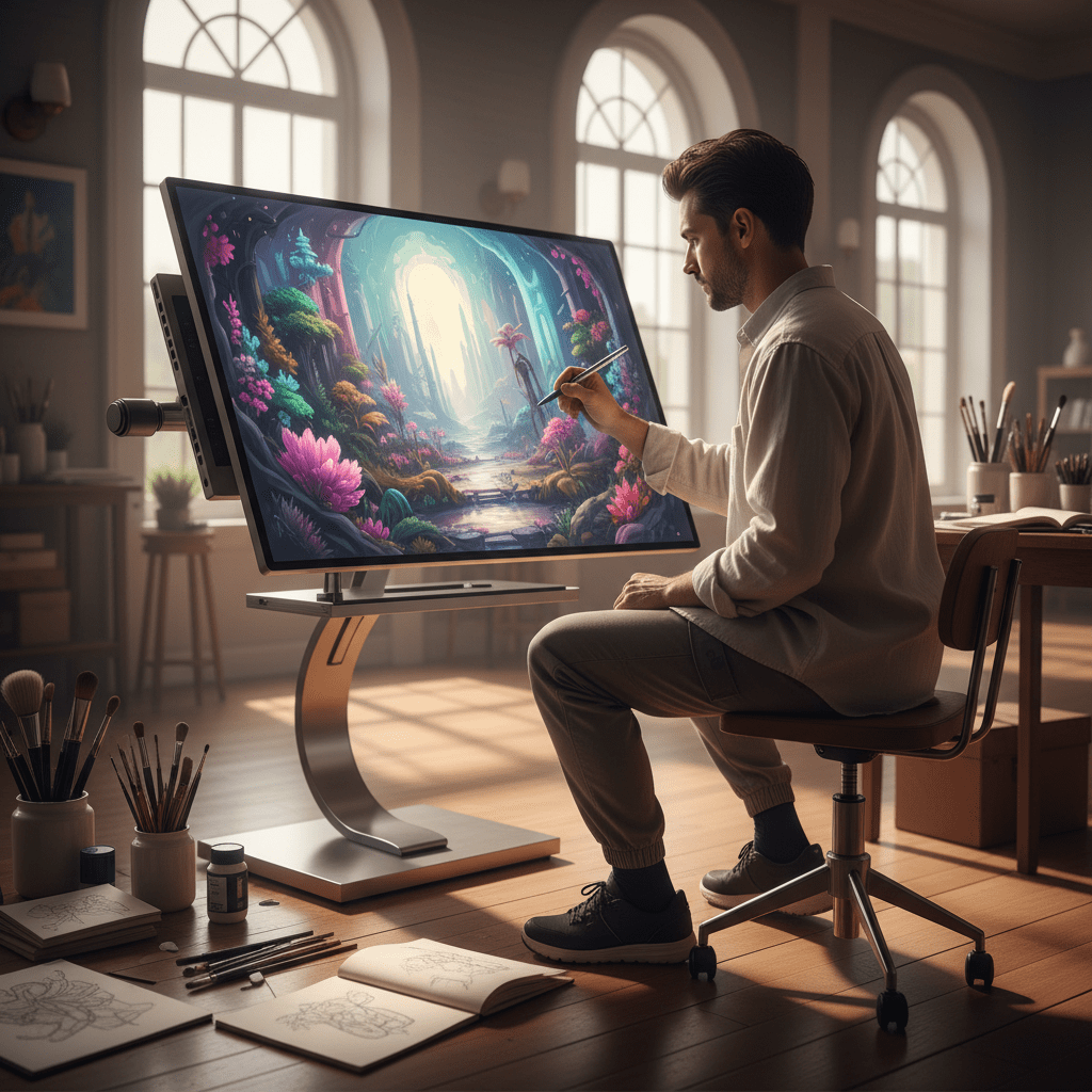 Digital artist creating vivid artwork on a large screen tablet in a sunlit studio.