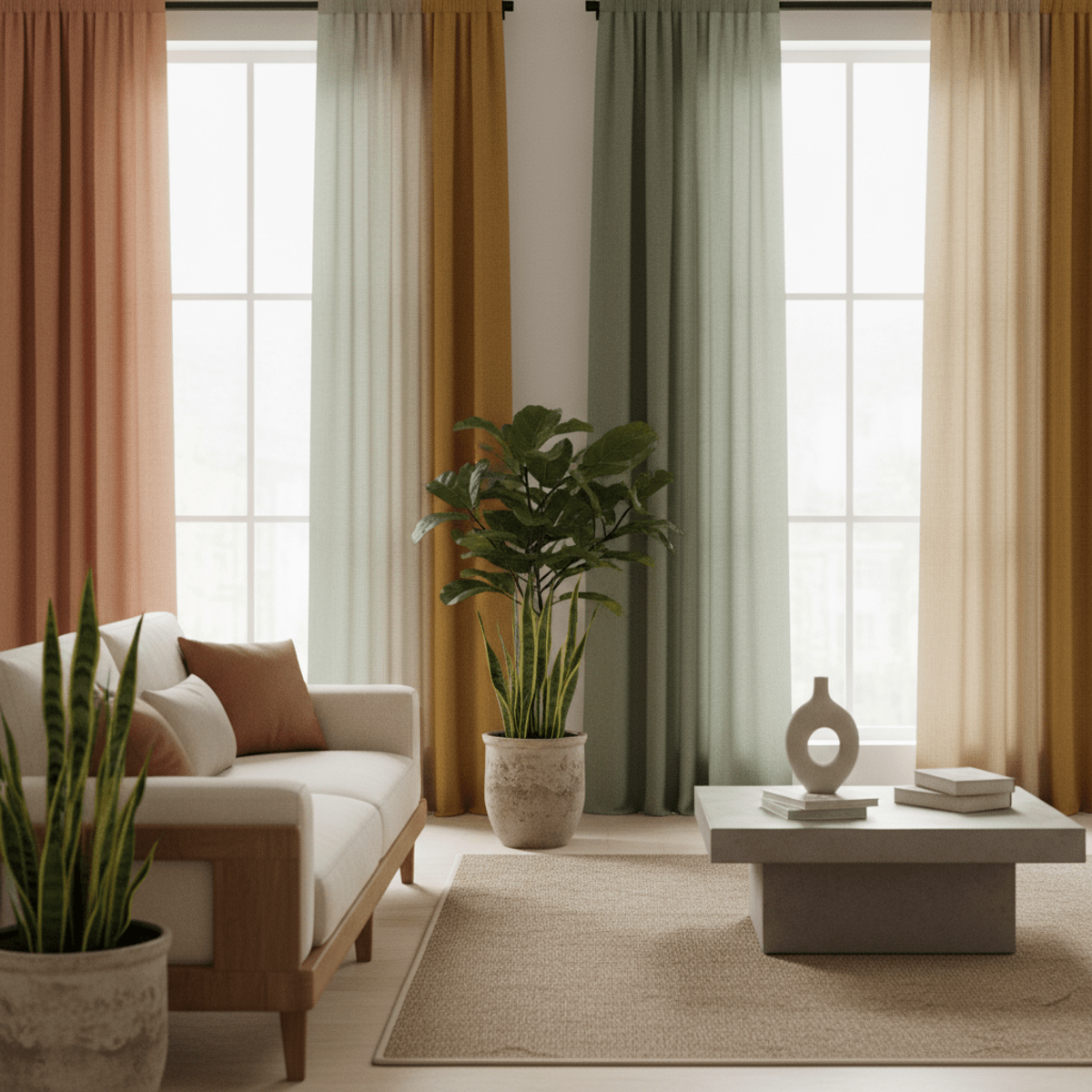 Modern linen curtains with natural light filtering through. Organic linen curtains in warm earth tones drape floor-to-ceiling, filtering natural light.