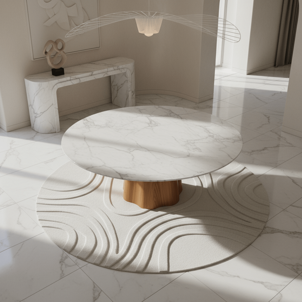 Elegant round white carpet under a circular dining table with marble flooring.