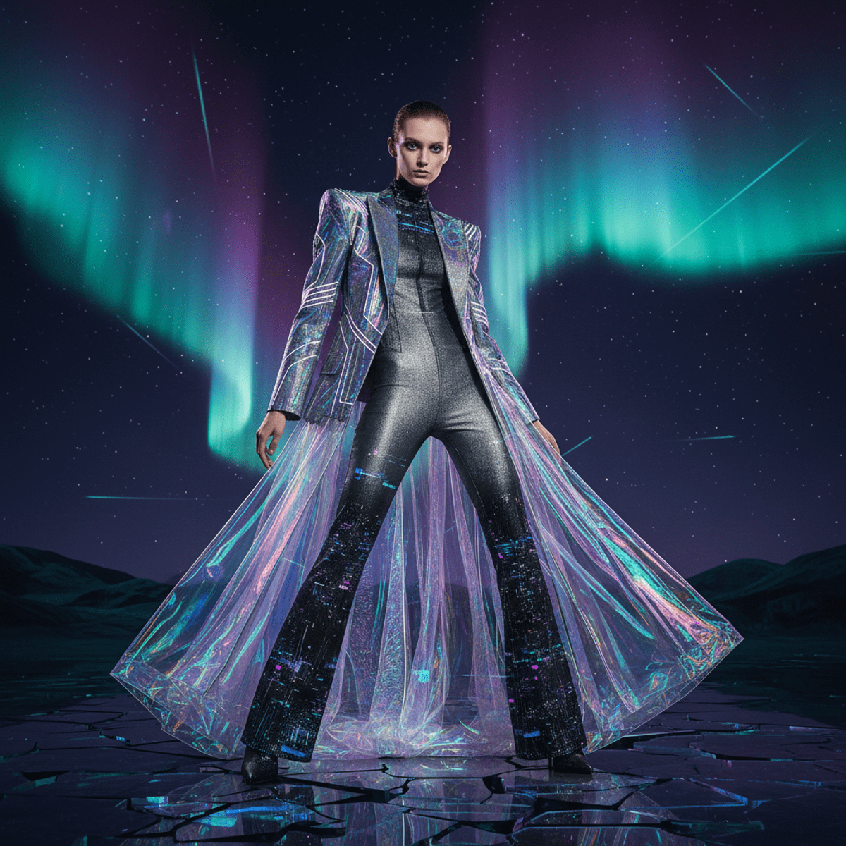Model in holographic mesh robe and gradient jumpsuit with glitch patterns.