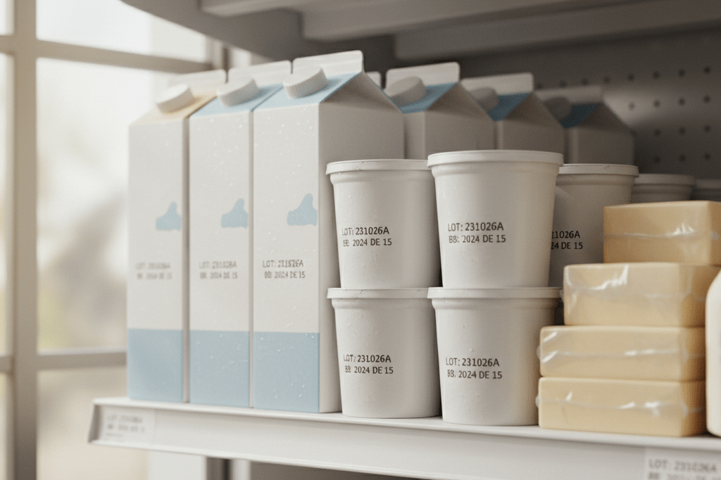 Unbranded dairy items on a grocery shelf under natural light, highlighting product inspection protocols