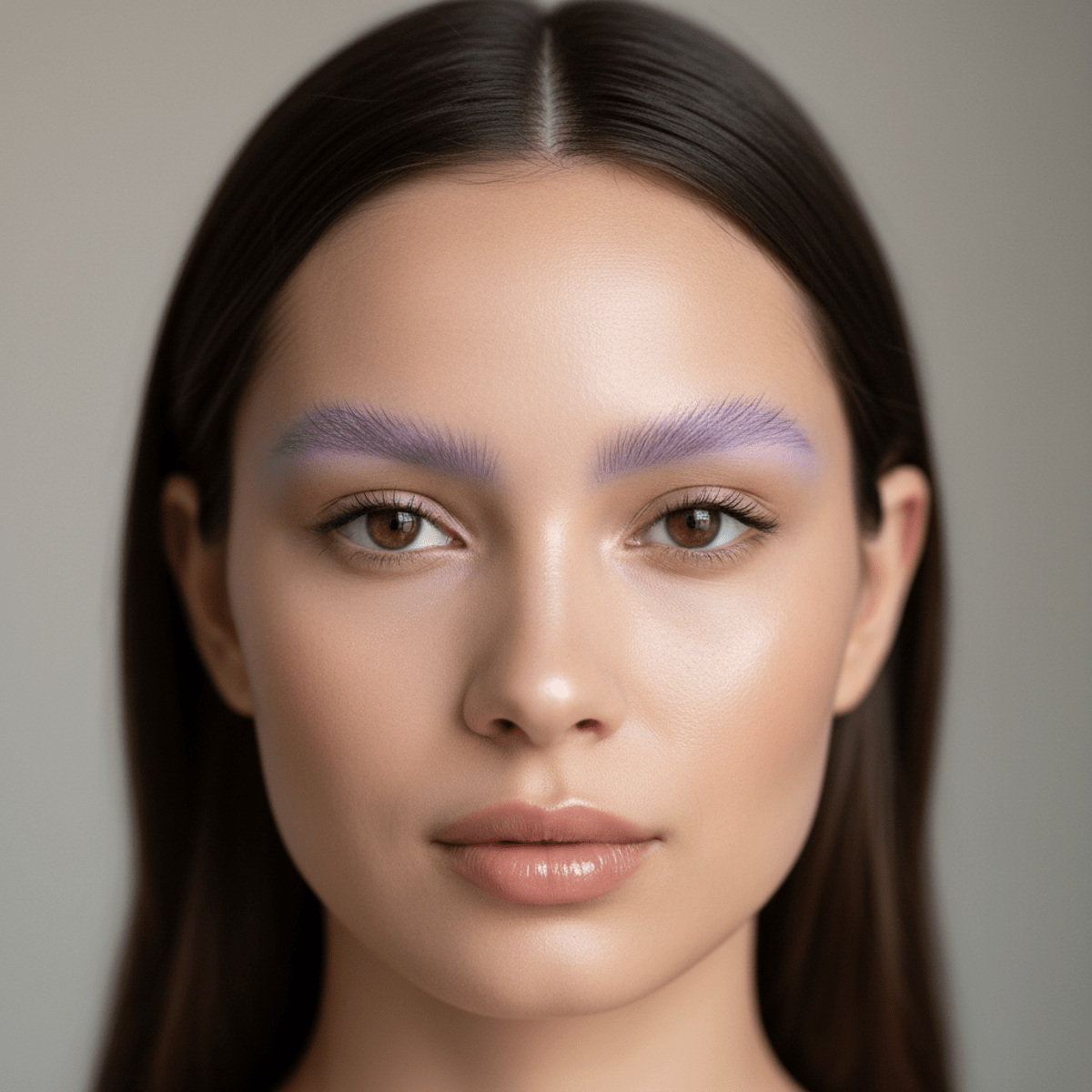 Young woman with perfectly straightened pastel lavender eyebrows and smooth skin.