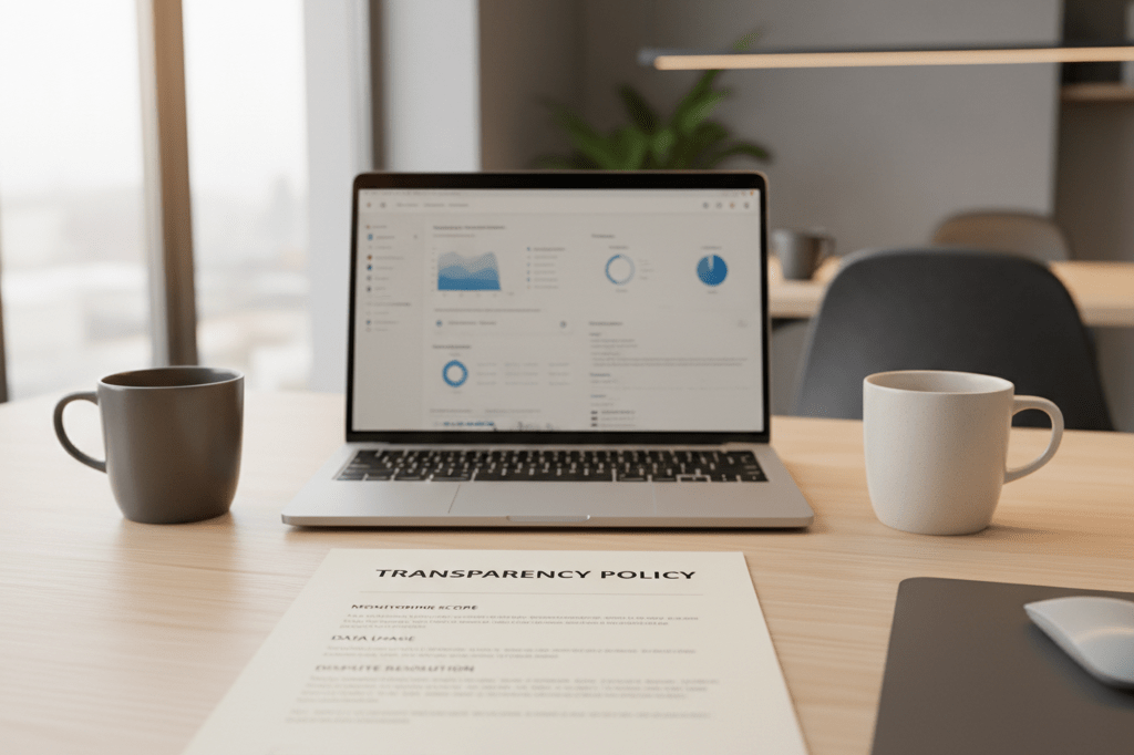 Medium shot of an office desk featuring a transparency policy document, laptop dashboard, and two coffee mugs under natural and ambient light