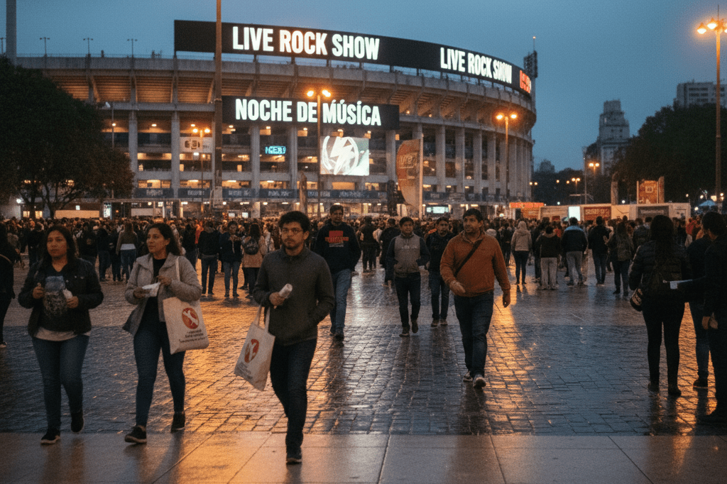 Vibrant Buenos Aires plaza buzzing with pre-concert excitement Outdoor plaza near stadium filled with lively concertgoers under ambient urban lighting, evoking entertainment tourism