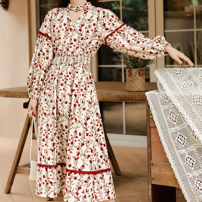 Осенне-зимнее художественное винтажное вельветовое платье кремового цвета с низом и красными цветами из тонкого бархата, детская одежда, ткань