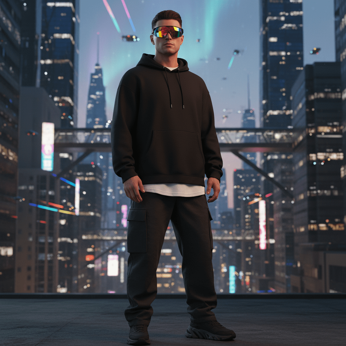 Man in Y2K wraparound sunglasses with iridescent lenses against a futuristic city.