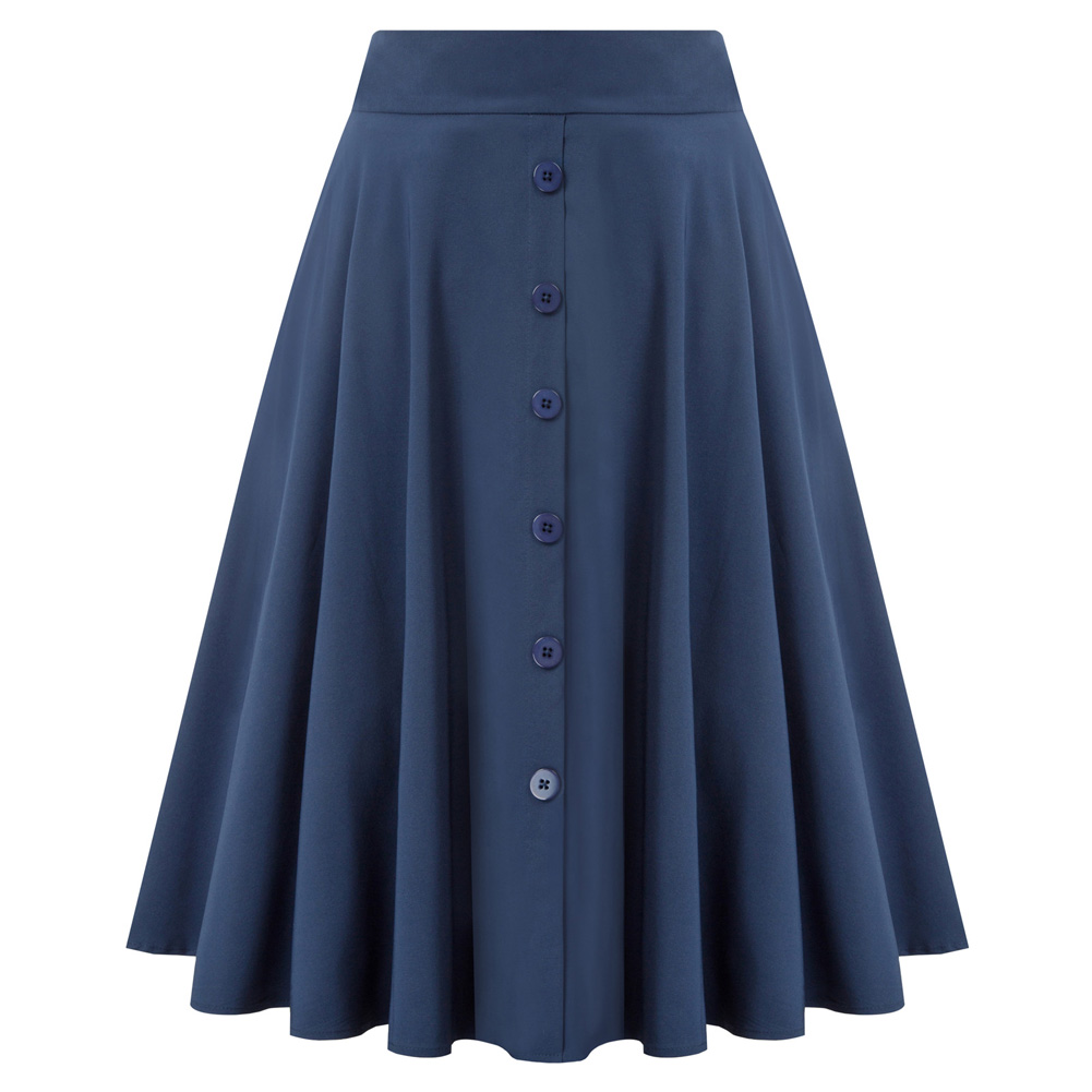 bp女式腰带装饰半身裙,口袋喇叭形a字纽扣装饰黑色和海军蓝色百褶裙