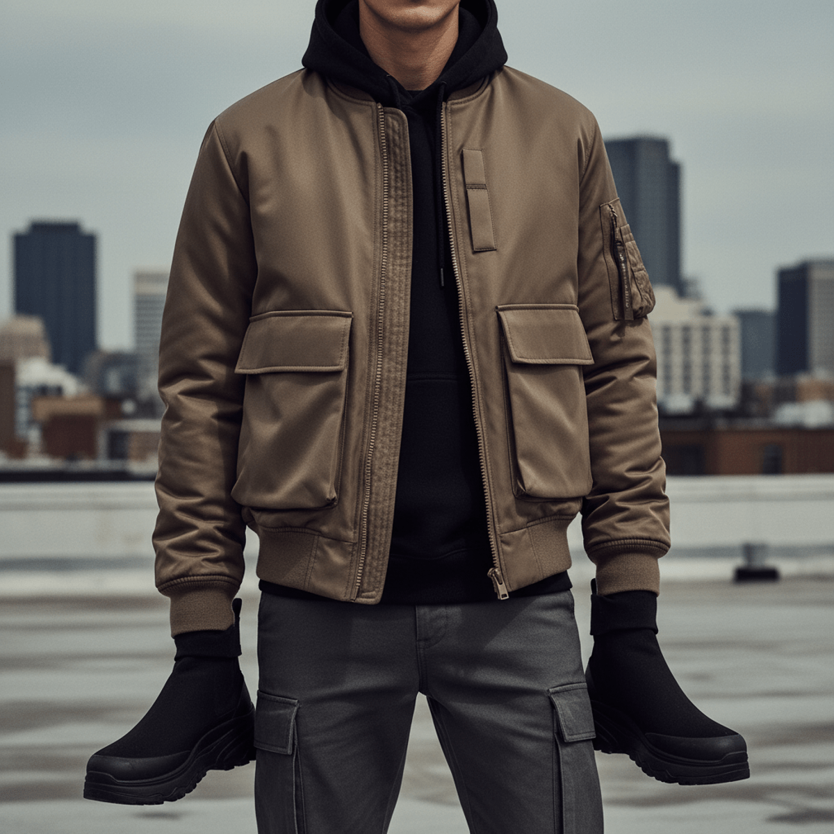Brown nylon bomber jacket with cargo pockets on urban rooftop.