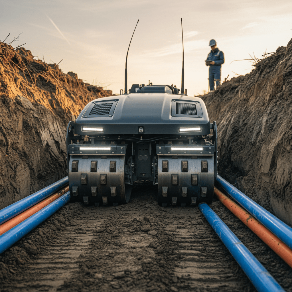 Low-profile compactor precisely maneuvers in a confined trench with utility pipes.