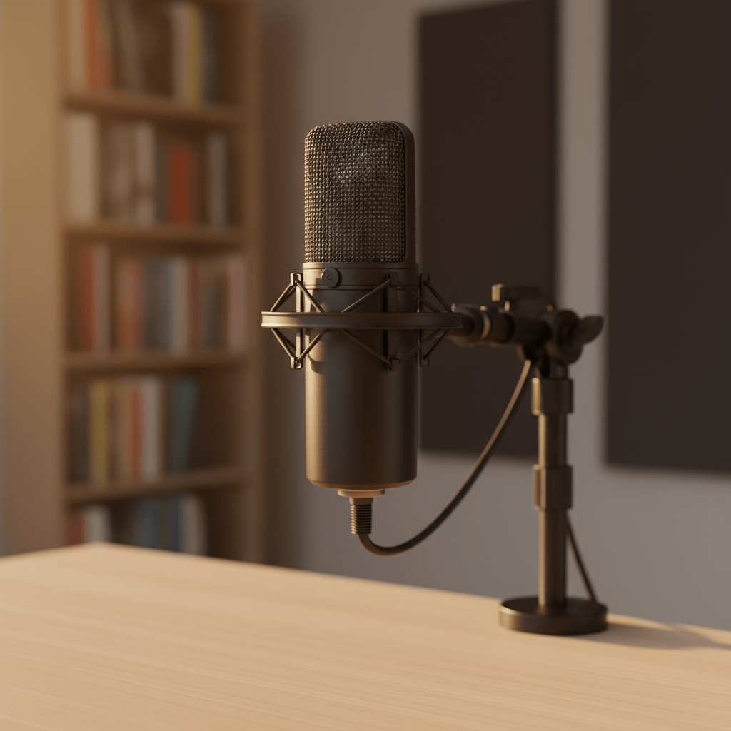 Sleek matte black microphone on desk stand in minimalist podcast setup.