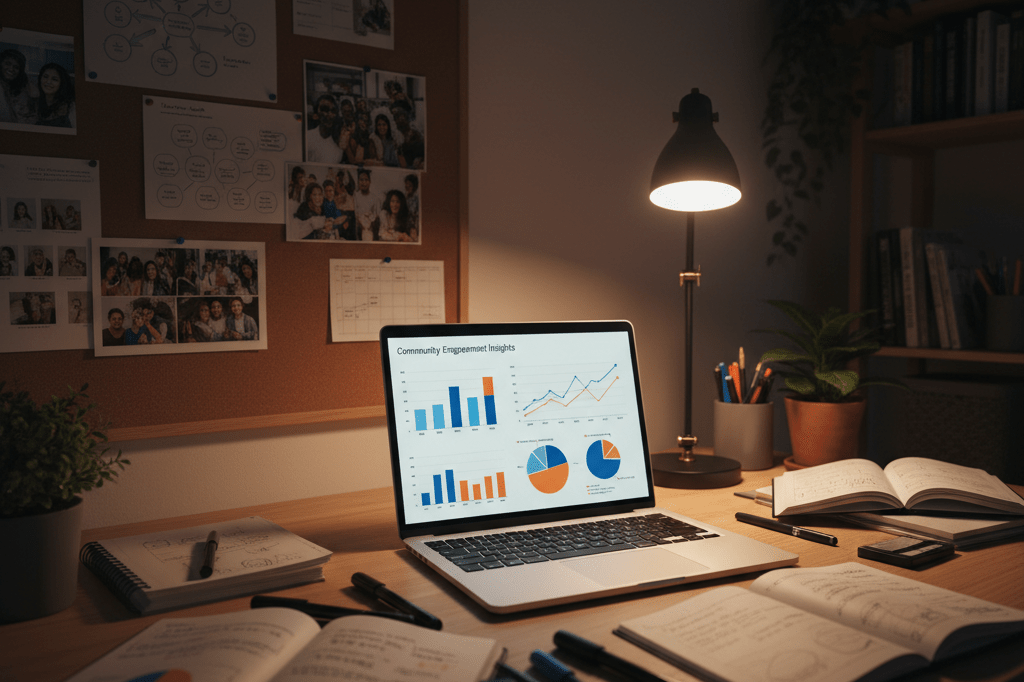 Warmly lit workspace with laptop showing analytics, notebooks, and corkboard filled with anonymous post prints symbolizing niche community engagement
