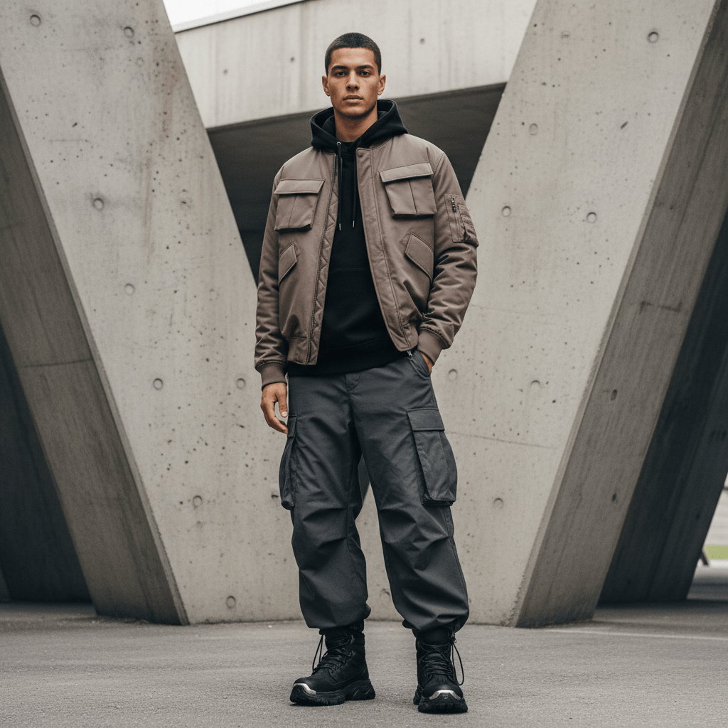 Model in urban streetwear with matte bomber jacket and cargo pants.