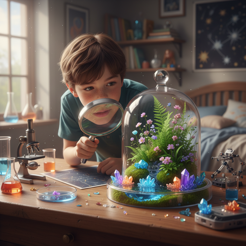 Child with magnifying glass examines a vibrant terrarium in a child's bedroom laboratory.