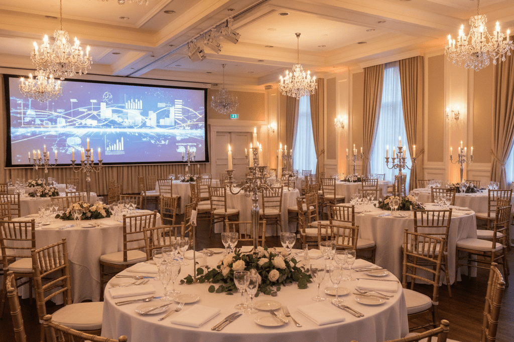 Stylish farewell event space with milestone timeline display Warmly lit event venue featuring tables, candles, and a business evolution timeline on a screen, symbolizing meaningful closure