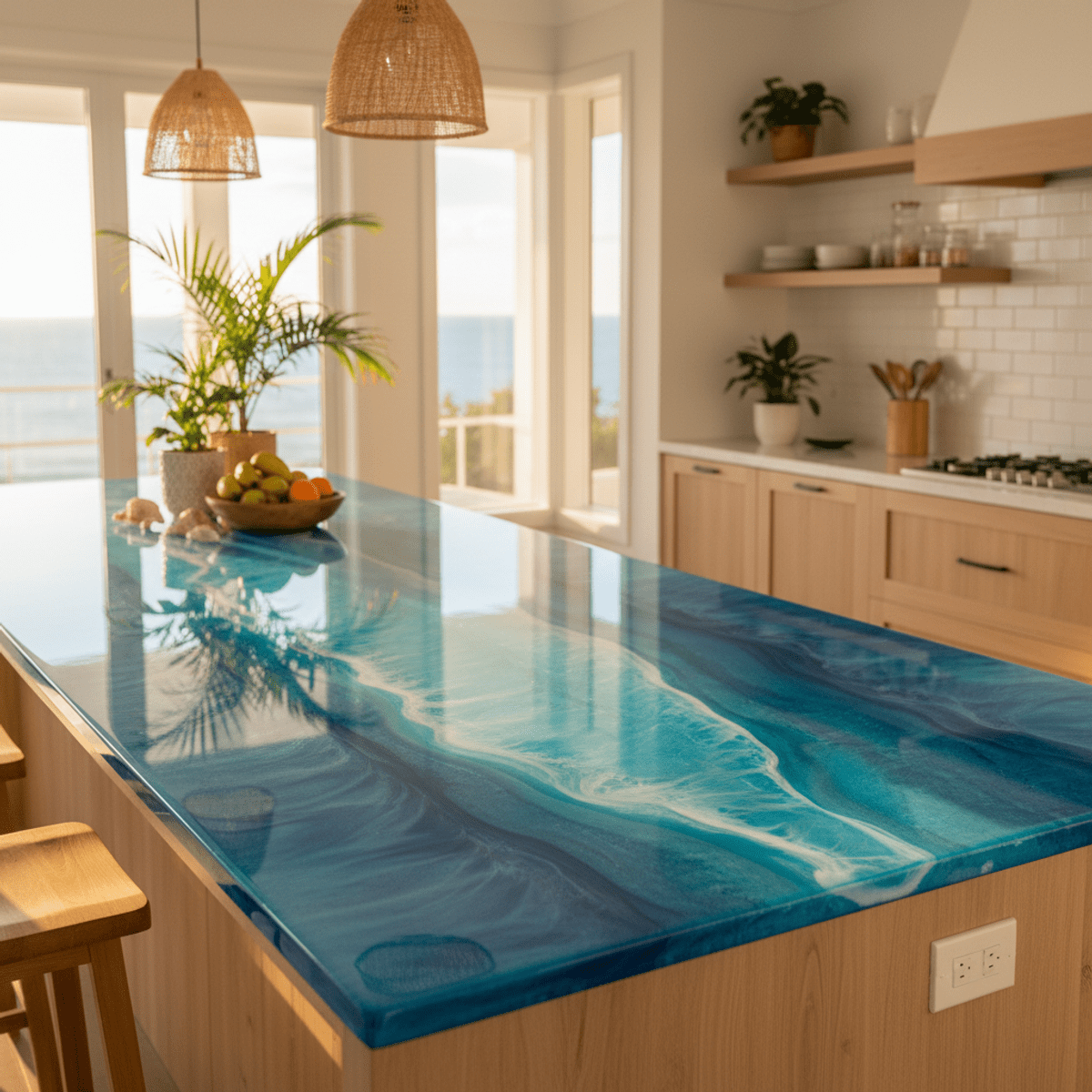 Handcrafted epoxy countertop with oceanic depth in a luxury coastal kitchen.
