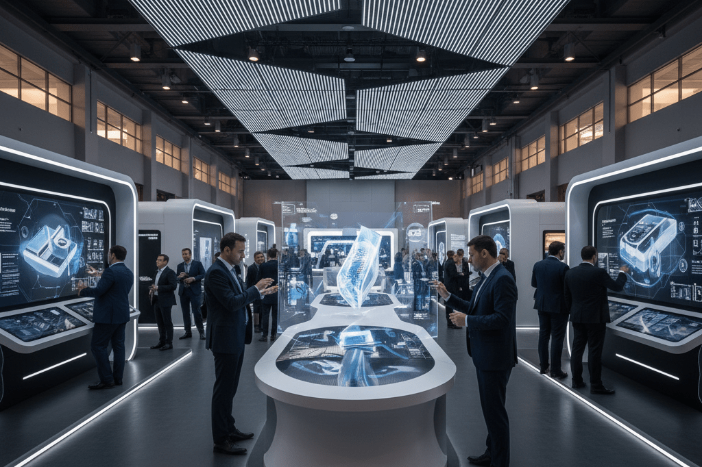 Futuristic exhibition hall with interactive displays and holograms under ambient lighting, highlighting tech-driven engagement